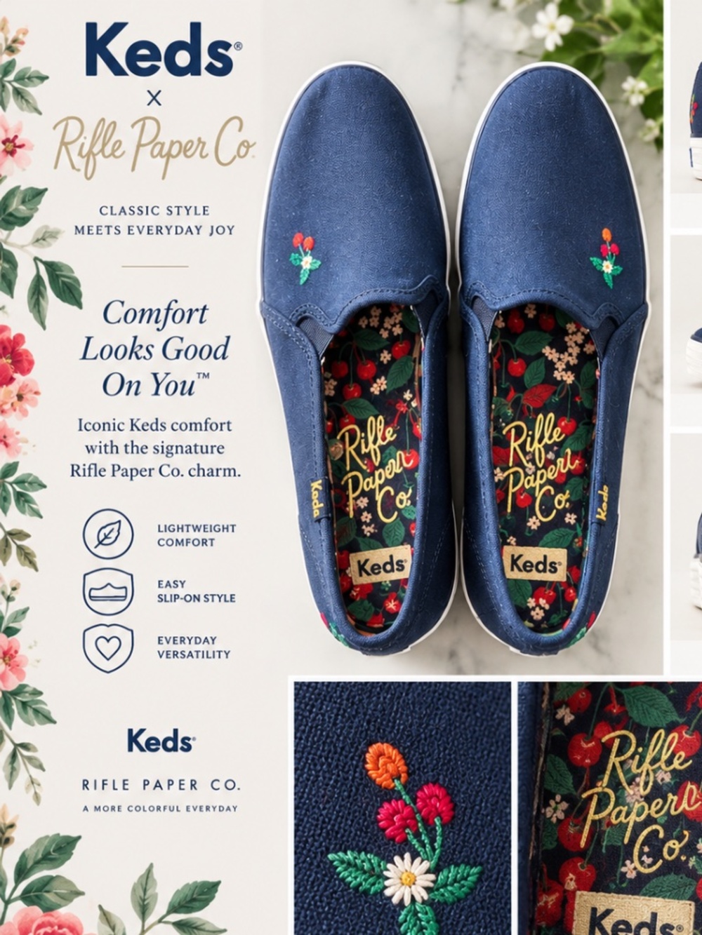 Brand New! Keds x Rifle Paper Co Navy Floral Embroidered Slip On Sneakers 8.5